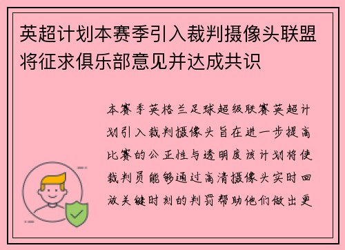 英超计划本赛季引入裁判摄像头联盟将征求俱乐部意见并达成共识