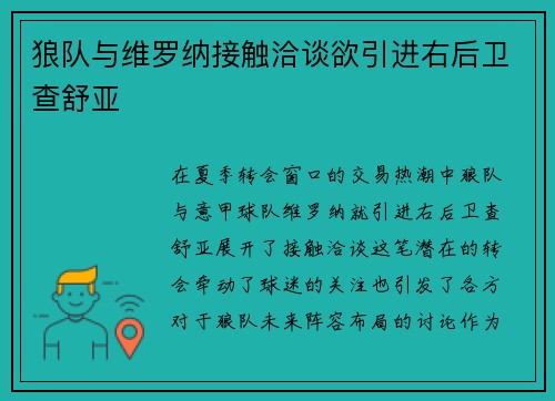 狼队与维罗纳接触洽谈欲引进右后卫查舒亚